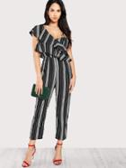 Romwe Asymmetrical Flounce Layered Shoulder Striped Jumpsuit