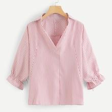 Romwe V Neck Striped Knot Sleeve Blouse