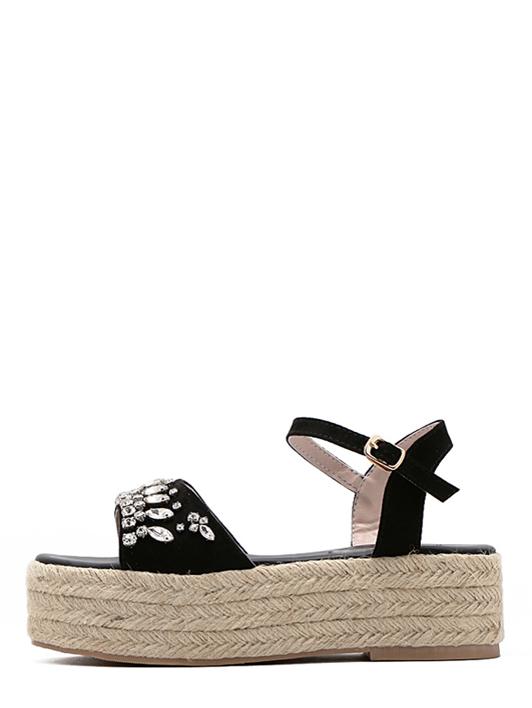 Romwe Black Open Toe Beaded Rhinestone Espadrilles Sandals