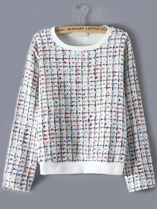 Romwe Round Neck Plaid White Sweatshirt