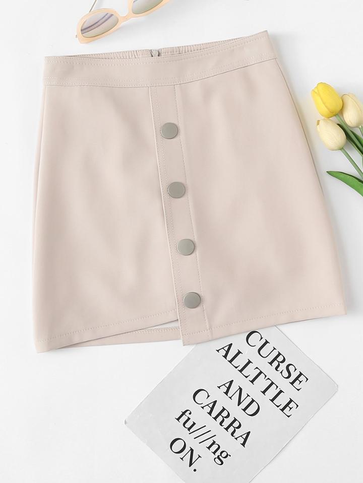 Romwe Asymmetrical Hem Single Breasted Skirt