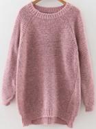 Romwe Pink Raglan Sleeve Dip Hem Sweater