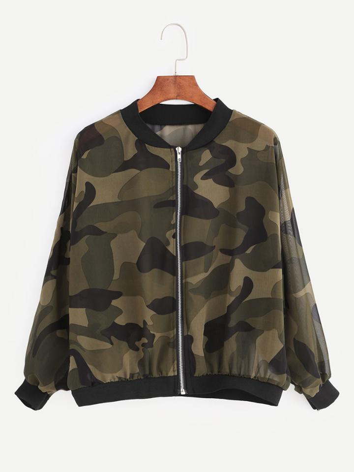 Romwe Army Green Camouflage Print Chiffon Jacket