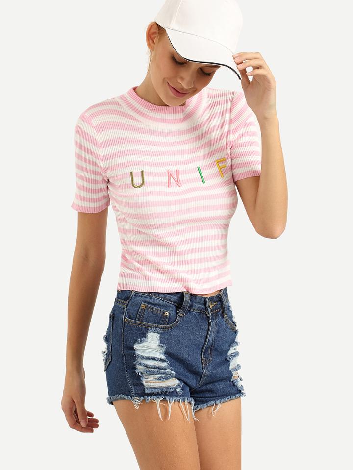 Romwe Letter Embroidered Ribbed Knit Striped Top - Pink