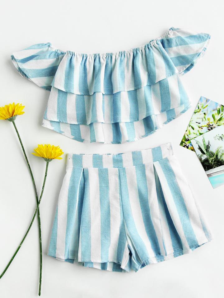 Romwe Bardot Striped Tiered Crop Top And Shorts Set