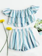 Romwe Bardot Striped Tiered Crop Top And Shorts Set