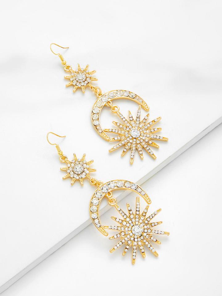 Romwe Rhinestone Moon & Sun Design Drop Earrings