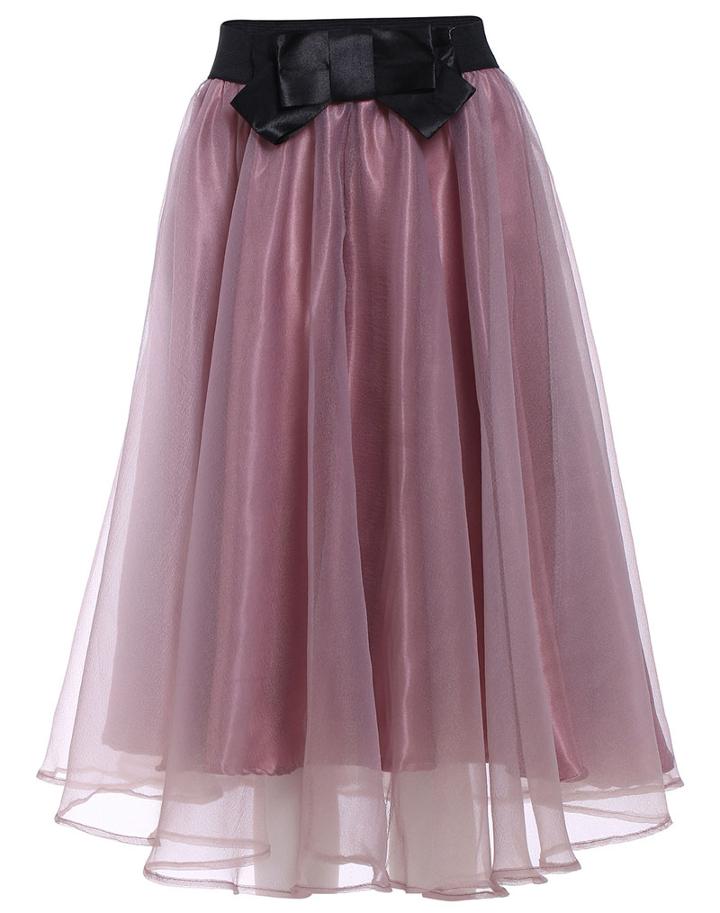 Romwe Bow Sheer Mesh Pink Skirt
