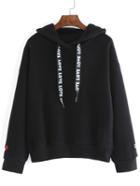 Romwe Hooded Pingpong Embroidered Black Sweatshirt
