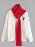 Romwe White Christmas Tree Embroidery Sweatshirt With Red Scarf