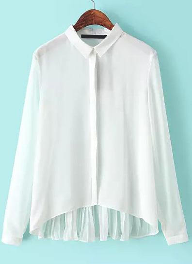 Romwe White Long Sleeve Loose Dipped Hem Blouse