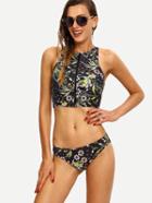 Romwe Zip Front Racerback Flower Print Bikini Set