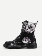 Romwe Rose Print Lace Up Flat Boots
