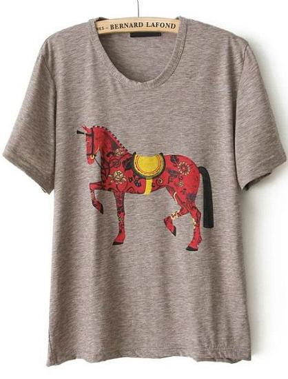 Romwe Grey Short Sleeve Horse Print Loose T-shirt
