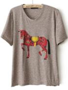 Romwe Grey Short Sleeve Horse Print Loose T-shirt