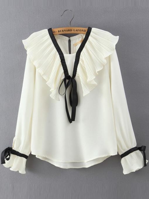 Romwe Beige Pleated Dip Hem Chiffon Blouse With Bow Tie