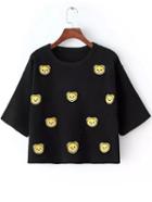 Romwe Bear Embroidered Patch Black Sweater