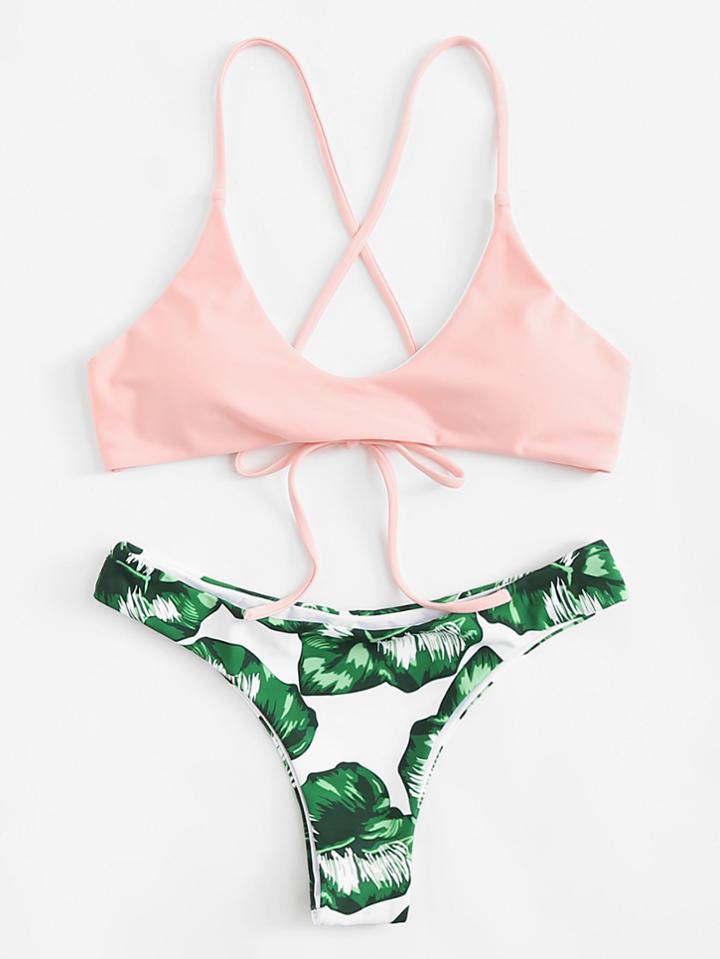 Romwe Palm Print Cross Back Bikini Set