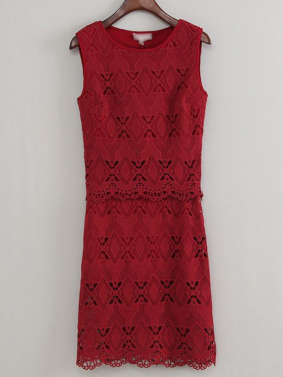 Romwe Red Sleeveless Blouse With Scallop Hollow Skirt