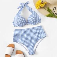 Romwe Gingham Halter Top With High Waist Bikini Set