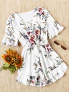 Romwe Floral Print Random Wrap Front Romper With Belt