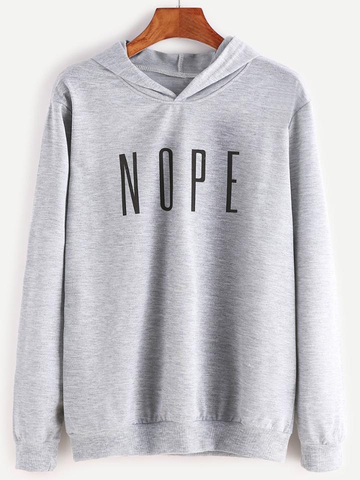 Romwe Light Grey Letter Print Hooded Sweatshirt