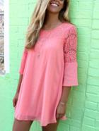 Romwe Bell Sleeve Lace Insert Shift Pink Dress
