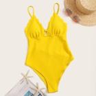 Romwe Scallop Trim Tie Back Ribbed One Piece Swimsuit