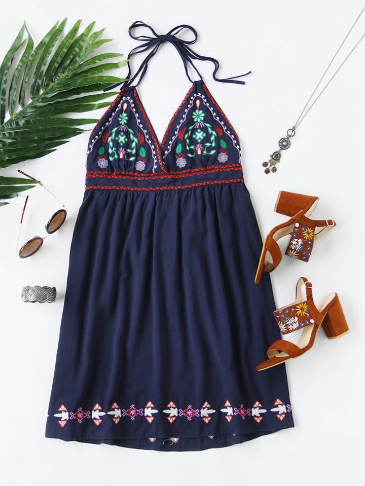Romwe Halter Neck Embroidered Backless A-line Dress