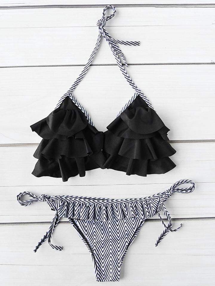 Romwe Chevron Print Ruffle Detail Triangle Bikini Set