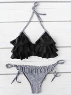 Romwe Chevron Print Ruffle Detail Triangle Bikini Set