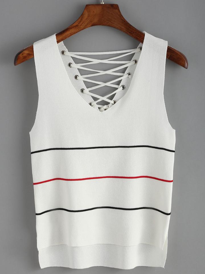Romwe Dip Hem Striped Lace Up Tank Top