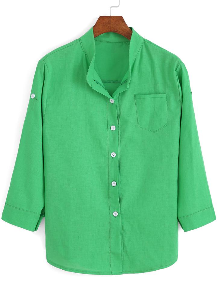 Romwe Stand Collar With Pocket Blouse