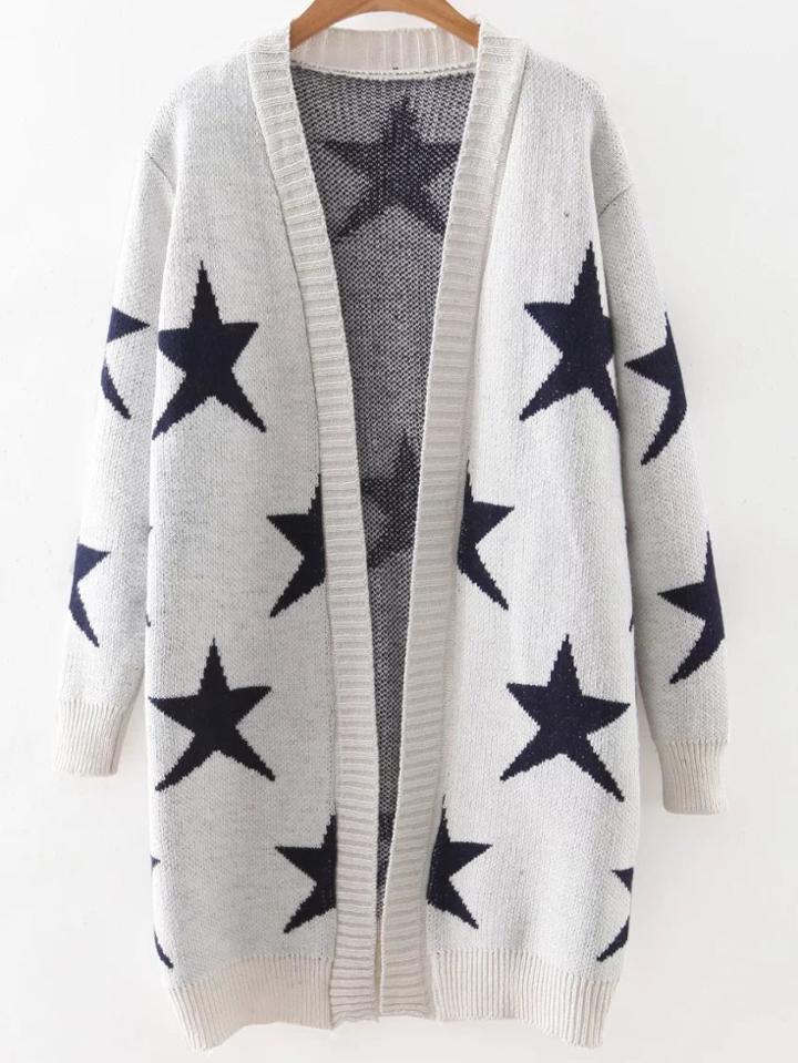 Romwe White Collarless Ribbed Trim Star Cardigan
