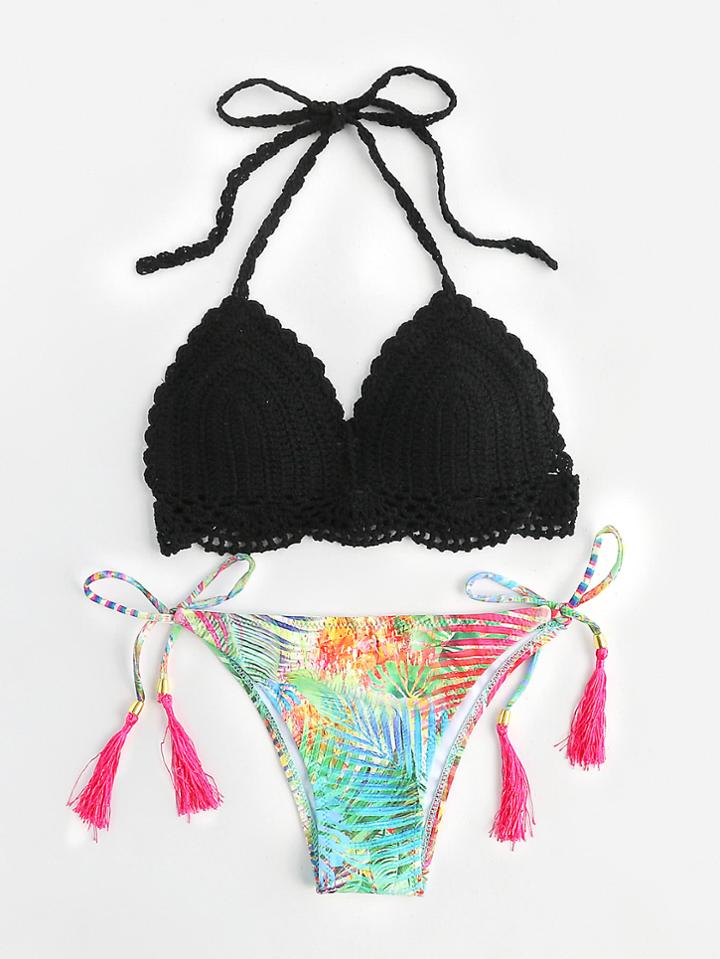 Romwe Crochet Tassel Tie Bikini Set