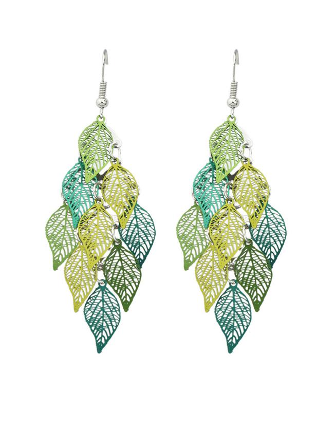 Romwe Green Long Drop Leaf Shape Earrings