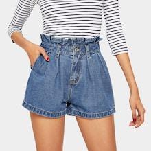 Romwe Ruffle Waist Slant Pocket Denim Shorts