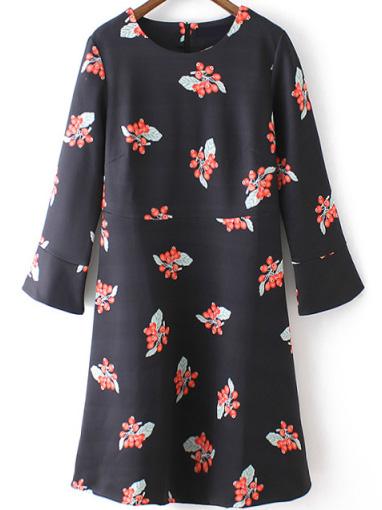Romwe Bell Sleeve Hawthorn Print Dress