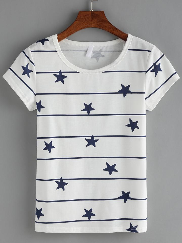 Romwe Striped Star Print T-shirt
