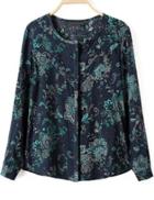 Romwe Navy Long Sleeve Floral Loose Blouse