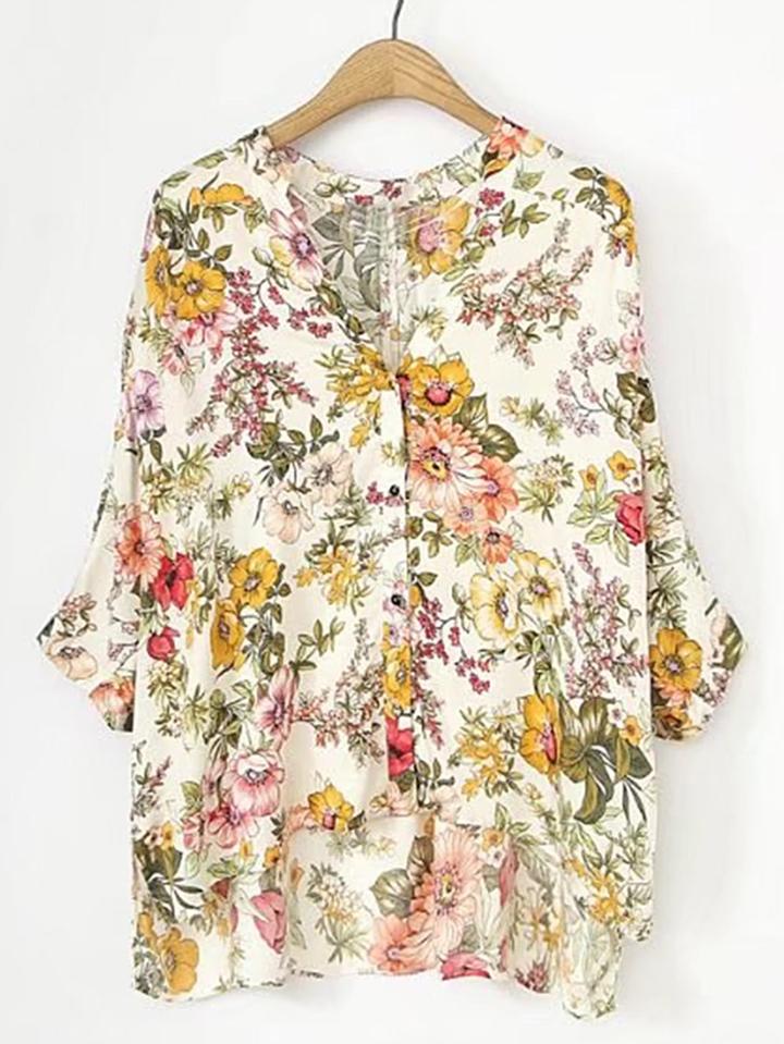 Romwe Floral Print High Low Blouse