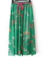 Romwe Plum Flower Print Pleated Skirt With Drawstring