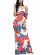 Romwe Off The Shoulder Florals Ruffle Maxi Dress