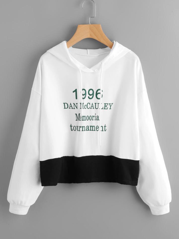 Romwe Letter Print Contrast Hem Hoodie