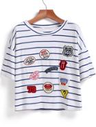 Romwe Blue Short Sleeve Striped Logo Pattern T-shirt