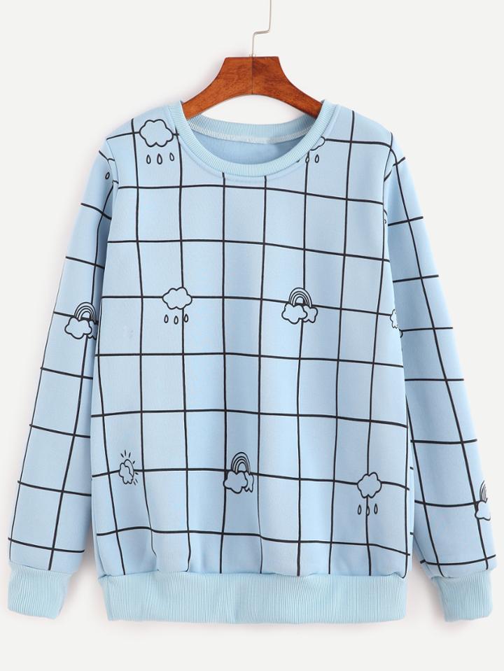 Romwe Light Blue Cloud Print Grid Sweatshirt