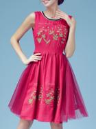 Romwe Red Gauze Embroidered A-line Dress