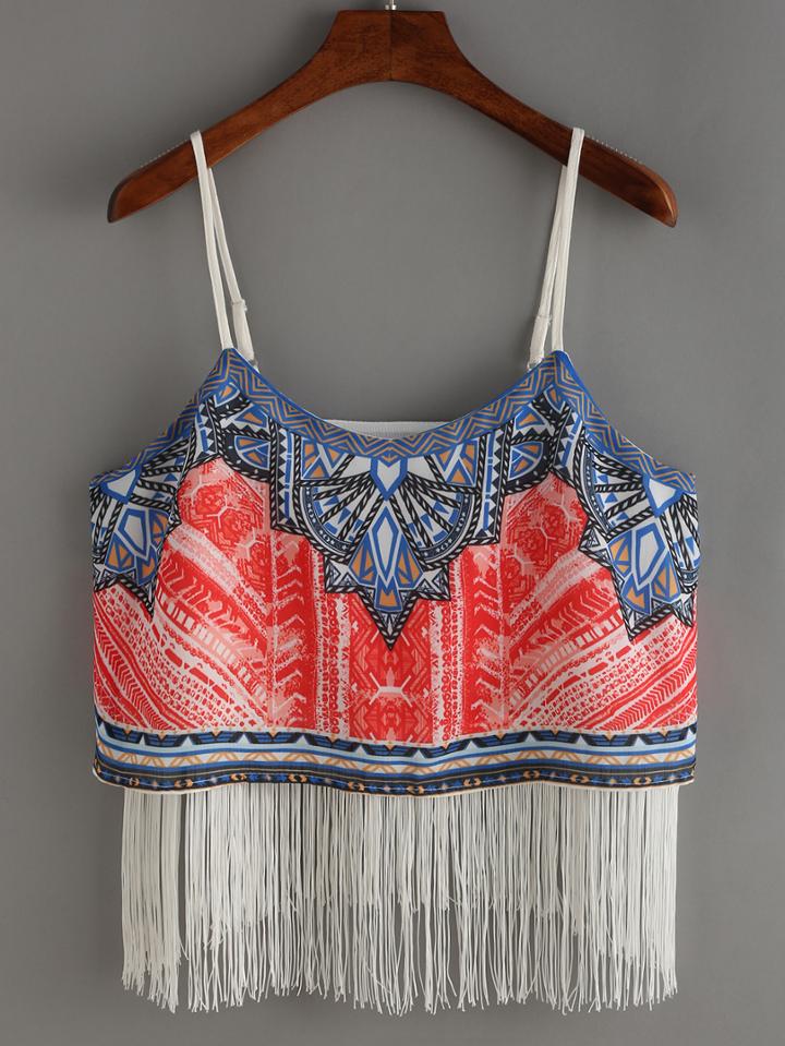 Romwe Spaghetti Strap Fringe Print Chiffon Cami Top