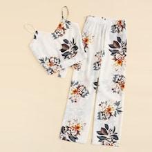 Romwe Plus Floral Print Knot Cami Top With Pants