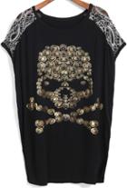 Romwe Lace Insert Hollow Skull Print T-shirt